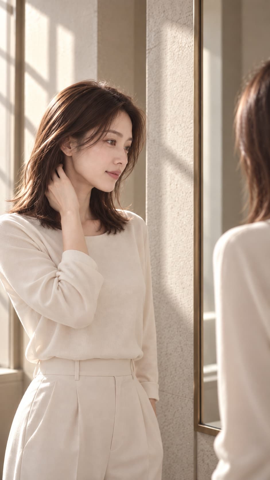 거울 앞에서 머리를 쓸어 넘기며 자신의 모습을 바라보는 여성