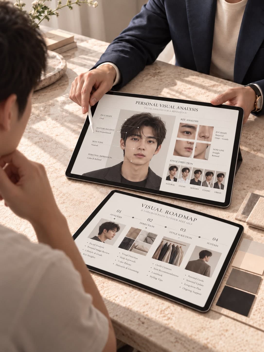 태블릿에 띄운 비주얼 분석과 로드맵을 디렉터가 펜으로 짚으며 고객에게 설명하는 상담 장면