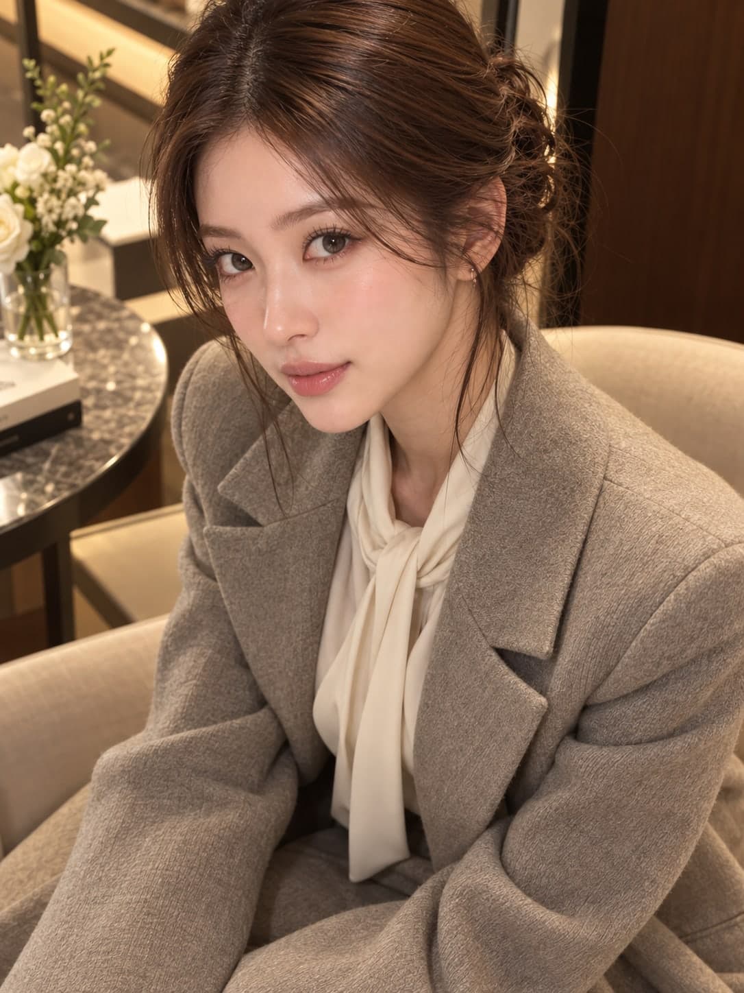 그레이 울 코트와 아이보리 보우 블라우스 차림으로 소파에 앉은 여성