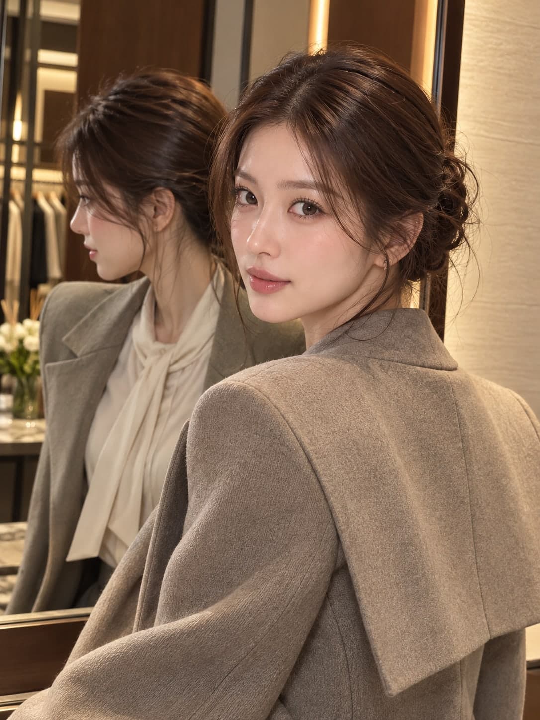 드레스룸 거울 앞에서 그레이 울 코트를 입고 어깨 너머로 돌아보는 여성