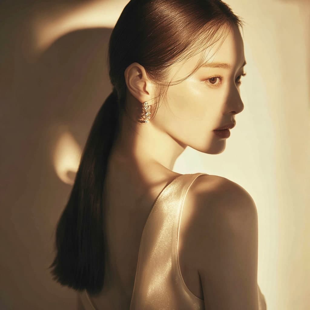 따뜻한 빛 속에서 포니테일을 하고 고개를 돌린 여성의 옆모습