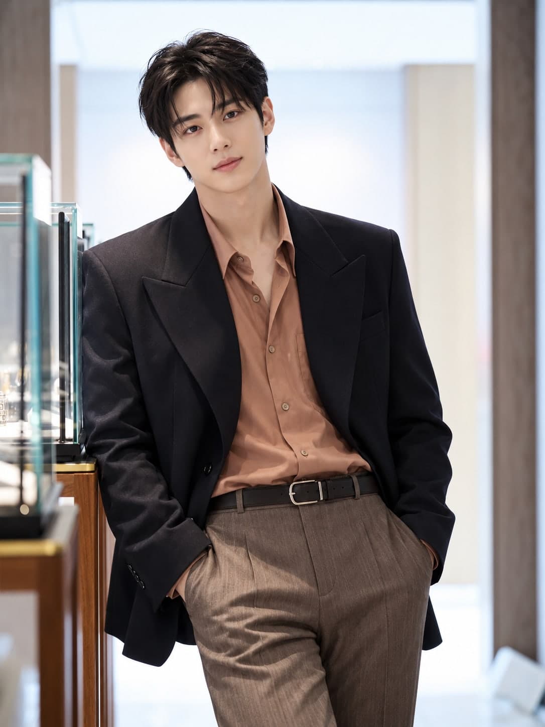 부티크 진열장에 기대 선, 블랙 재킷과 브라운 셔츠 차림의 남성